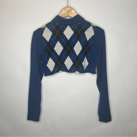 ESSENTIAL ELEMENTS ARGYLE BUTTON DOWN LONG SLEEVE CROP TOP XS PLAID BLUE WHITE - Picture 2 of 4